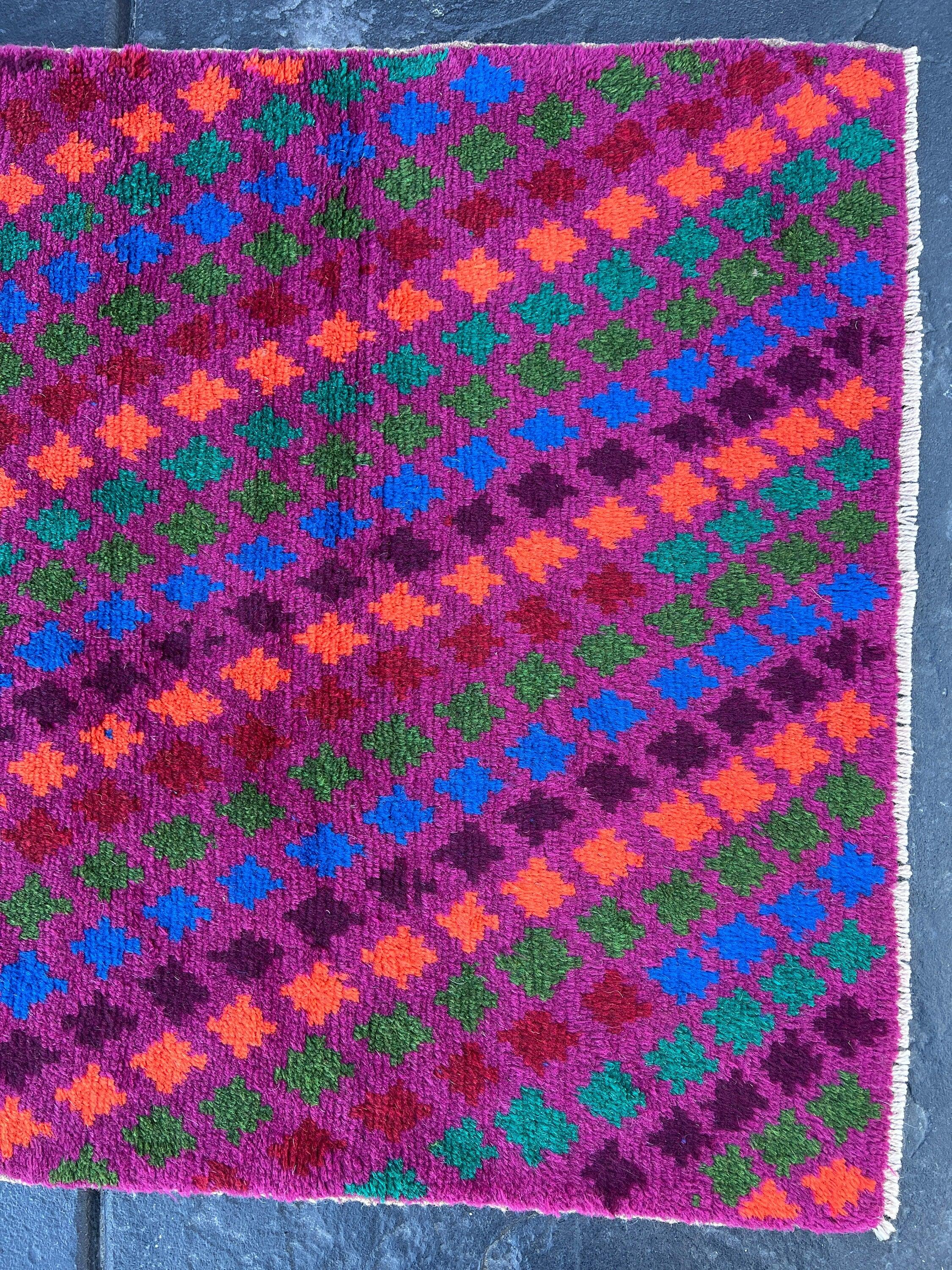 3x10 (90x305) Handmade Vintage Baluch Afghan Runner Rug | Magenta Eggplant Purple Coral Orange Pine Green Teal Blue Blood Red | Geometric