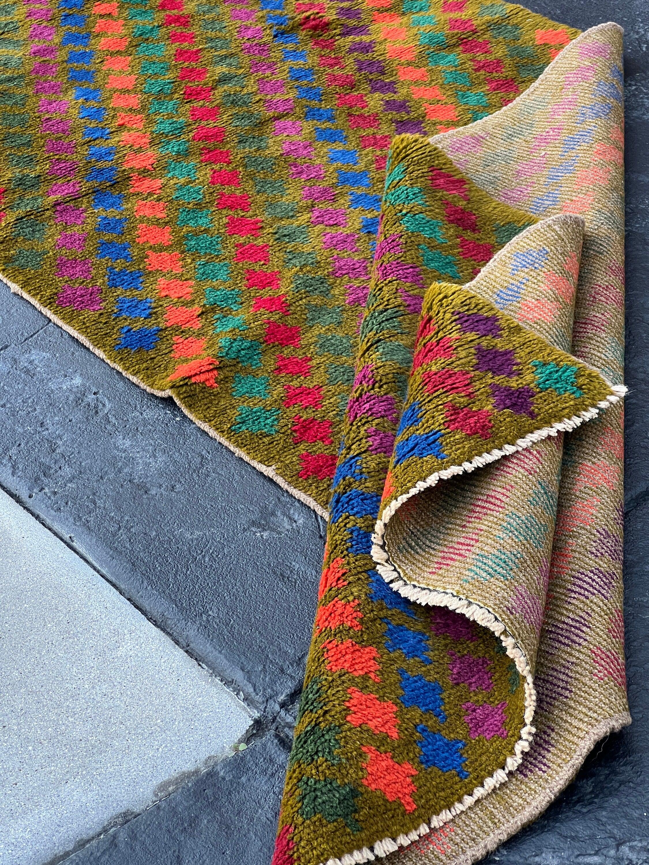 3x10 (90x305) Handmade Vintage Baluch Afghan Runner Rug Moss Green Purple Coral Orange Blood Red Pine Green Teal Blue | Geometric Turkish