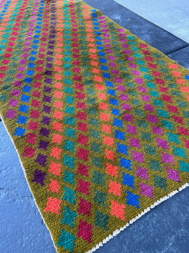 3x10 (90x305) Handmade Vintage Baluch Afghan Runner Rug Moss Green Purple Coral Orange Blood Red Pine Green Teal Blue | Geometric Turkish