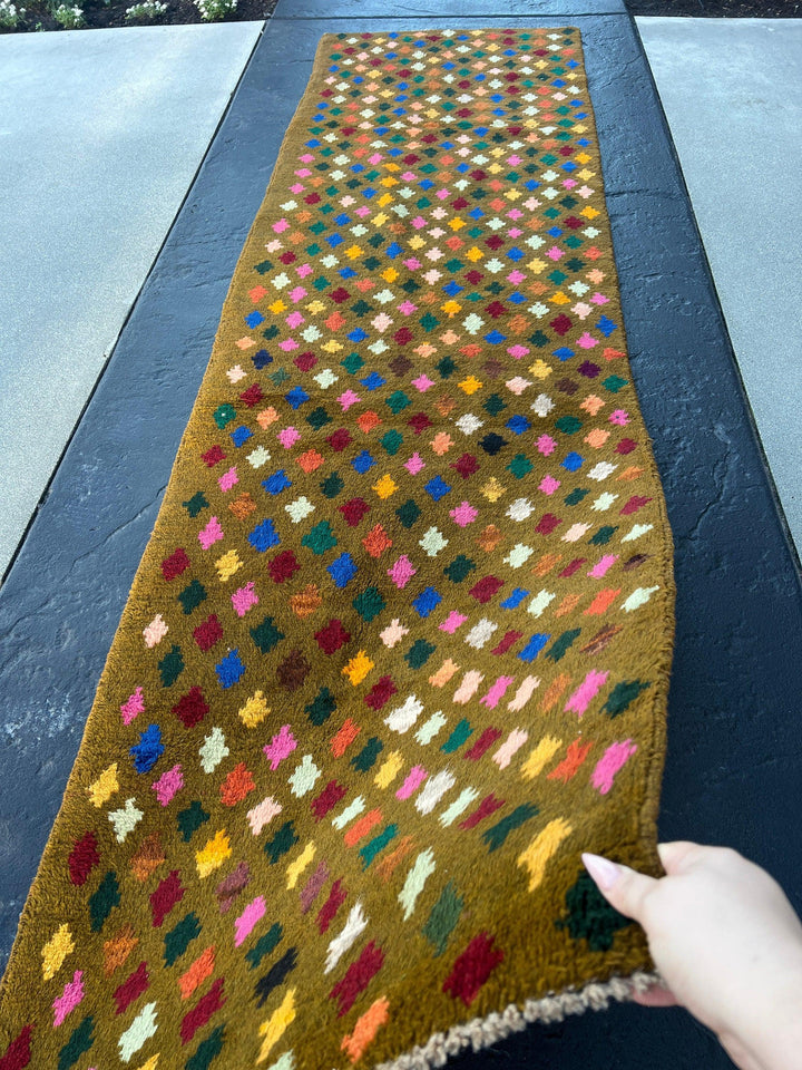 3x10 (90x305) Handmade Vintage Baluch Afghan Runner Rug Moss Green Purple Coral Orange Blood Red Pine Green Teal Blue Ivory | Geometric Wool