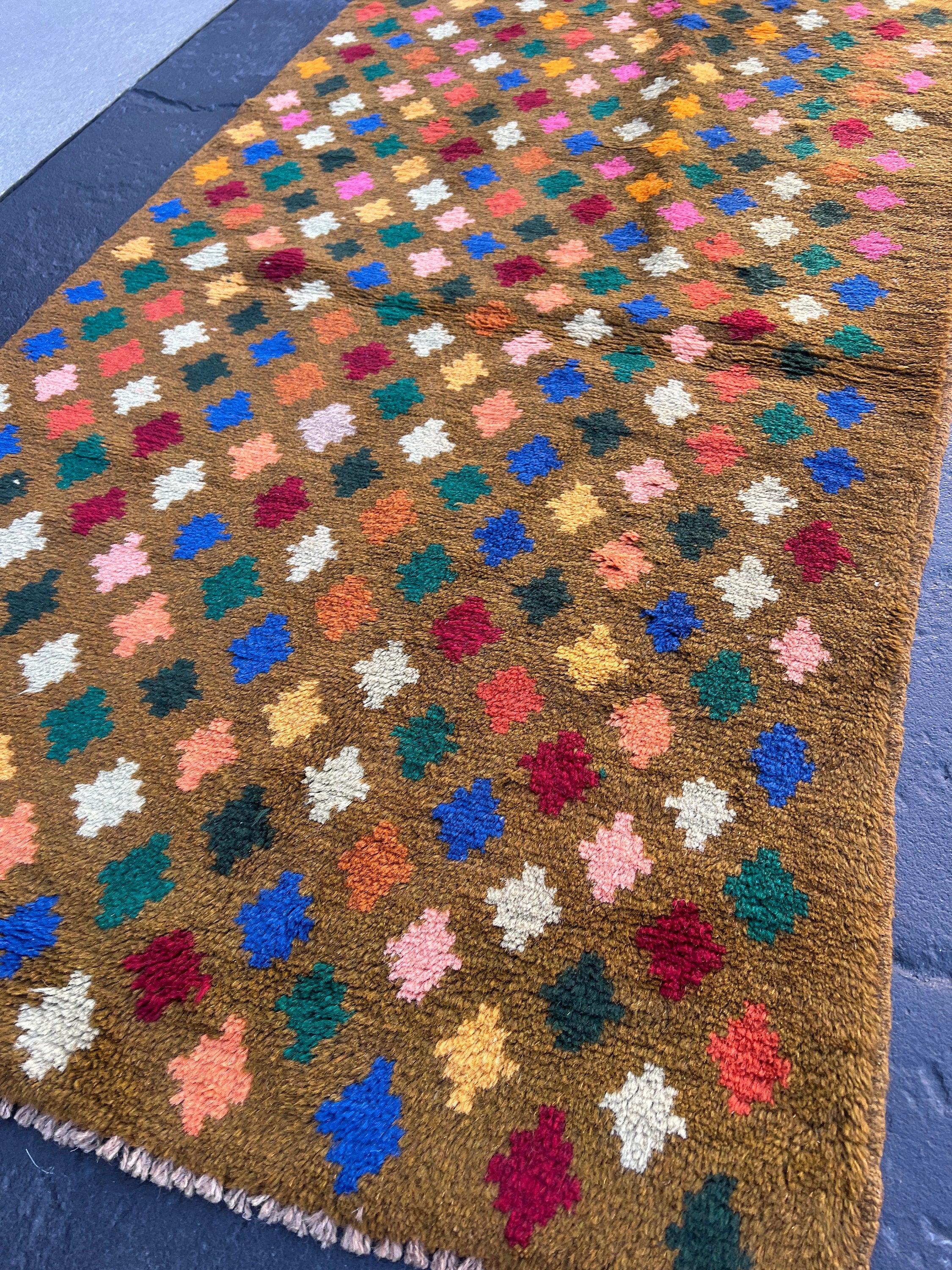 3x10 (90x305) Handmade Vintage Baluch Afghan Runner Rug Moss Green Purple Coral Orange Blood Red Pine Green Teal Blue Ivory | Geometric Wool