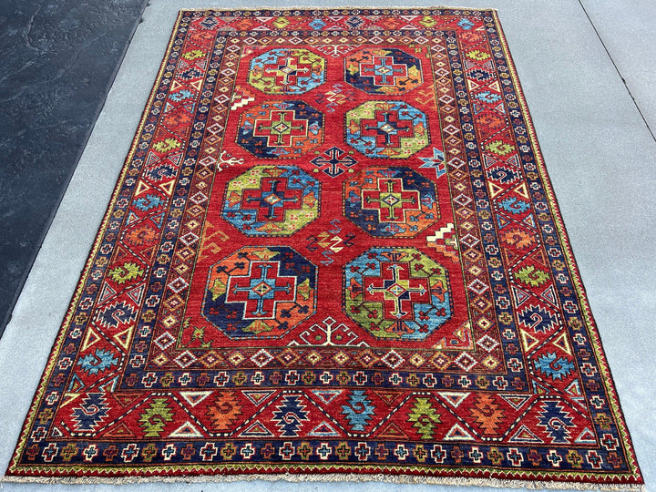 6x8 (180x245) Fair Trade Handmade Afghan Rug | Brick Red Sky Blue Black Midnight Blue Ivory Cream Beige Burnt Orange Mint Green Floral Wool