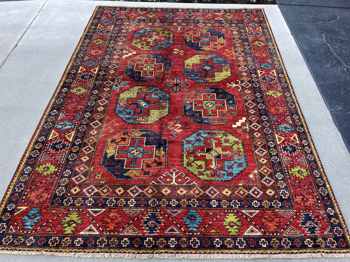 6x8 (180x245) Fair Trade Handmade Afghan Rug | Brick Red Sky Blue Black Midnight Blue Ivory Cream Beige Burnt Orange Mint Green Floral Wool