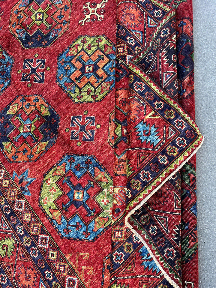 7x10 (215x305) Fair Trade Handmade Afghan Rug | Brick Red Midnight Blue Cream Beige Olive Green Burnt Orange Light Blue | Floral Wool