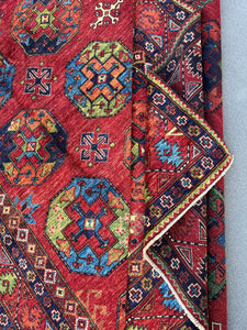 7x10 (215x305) Fair Trade Handmade Afghan Rug | Brick Red Midnight Blue Cream Beige Olive Green Burnt Orange Light Blue | Floral Wool