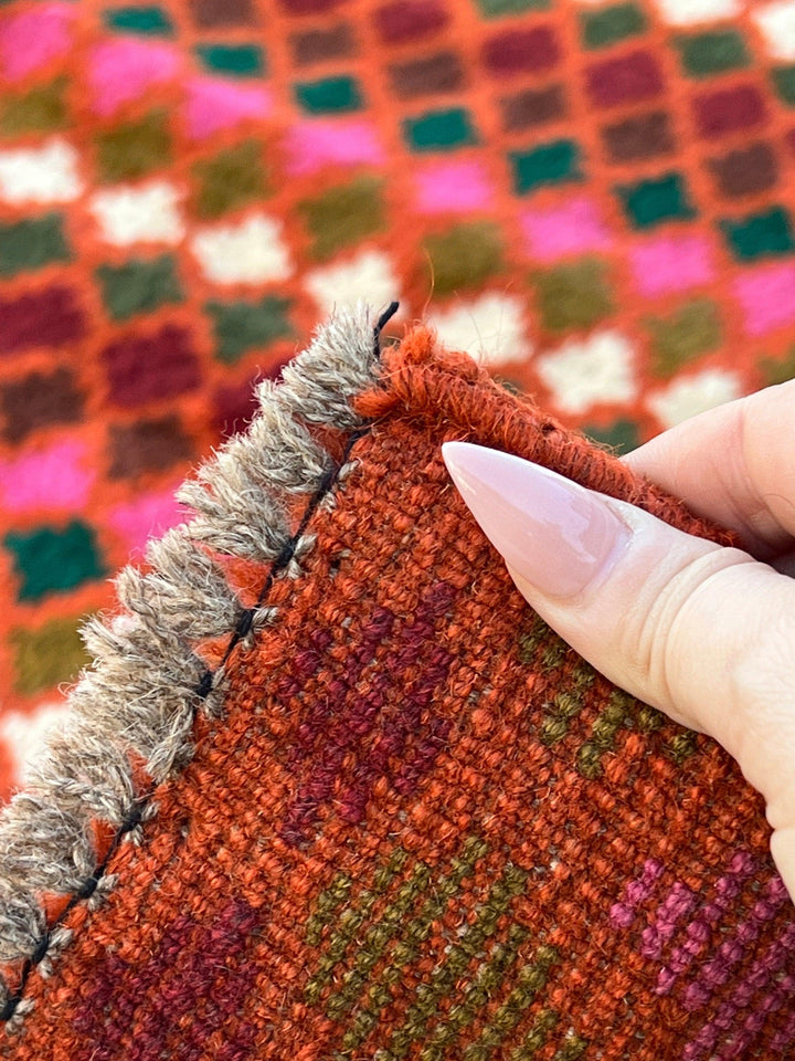 7x10 (215x305) Handmade Vintage Baluch Afghan Rug | Burnt Orange Pine Green Cream Beige Olive Green Rose Pink Blood Red | Geometric Wool