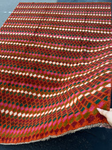 7x10 (215x305) Handmade Vintage Baluch Afghan Rug | Burnt Orange Pine Green Cream Beige Olive Green Rose Pink Blood Red | Geometric Wool