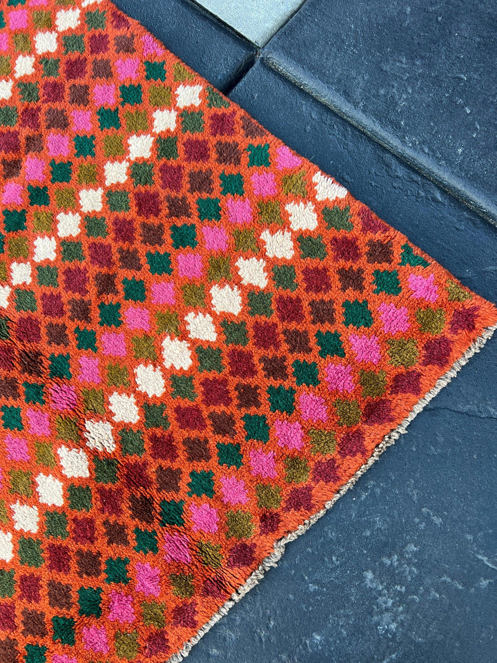 7x10 (215x305) Handmade Vintage Baluch Afghan Rug | Burnt Orange Pine Green Cream Beige Olive Green Rose Pink Blood Red | Geometric Wool