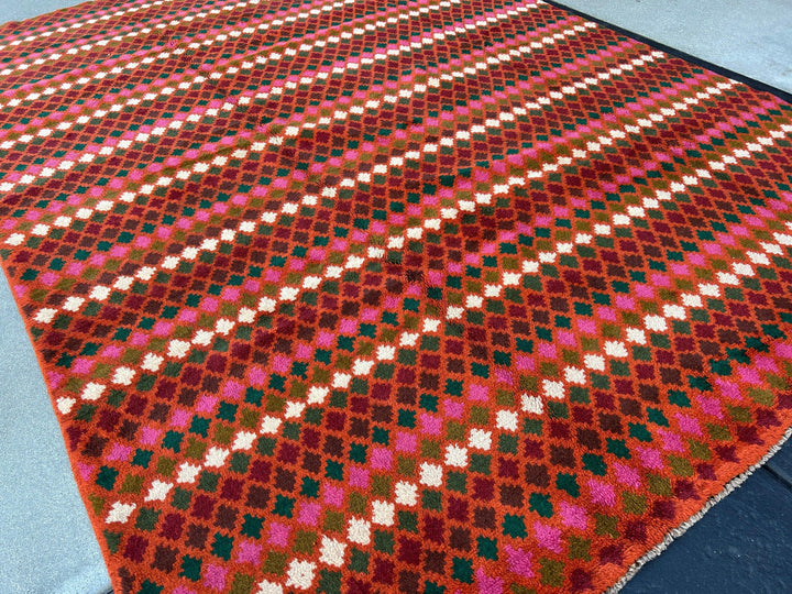 7x10 (215x305) Handmade Vintage Baluch Afghan Rug | Burnt Orange Pine Green Cream Beige Olive Green Rose Pink Blood Red | Geometric Wool