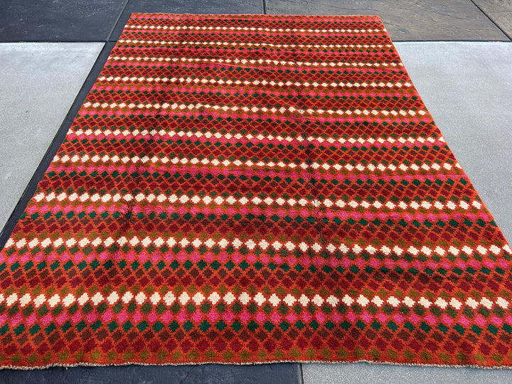 7x10 (215x305) Handmade Vintage Baluch Afghan Rug | Burnt Orange Pine Green Cream Beige Olive Green Rose Pink Blood Red | Geometric Wool