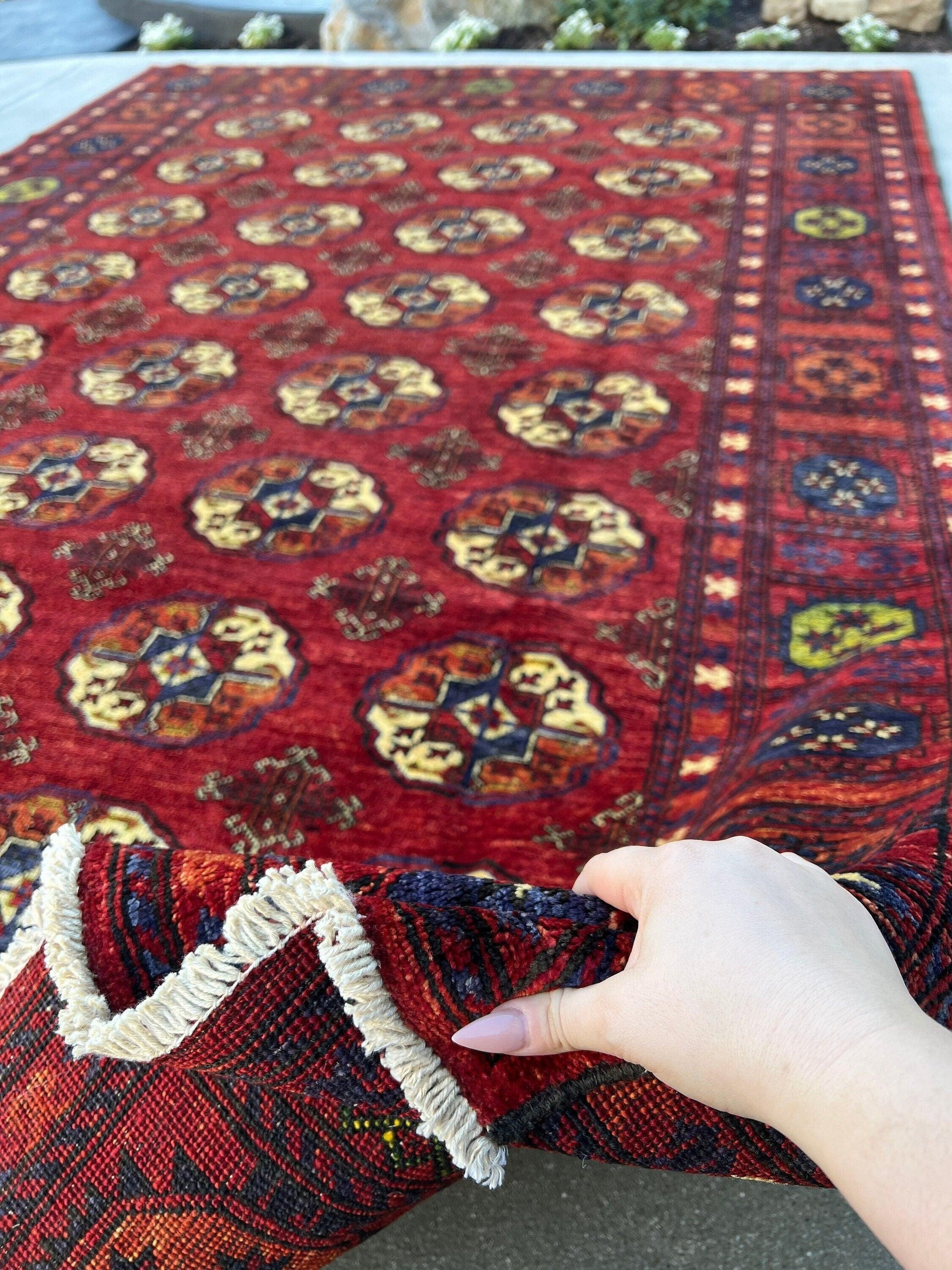 7x10 (215x305) Fair Trade Handmade Afghan Rug | Brick Red Midnight Blue Purple Cream Beige Olive Green Burnt Orange | Medallion Wool Knotted