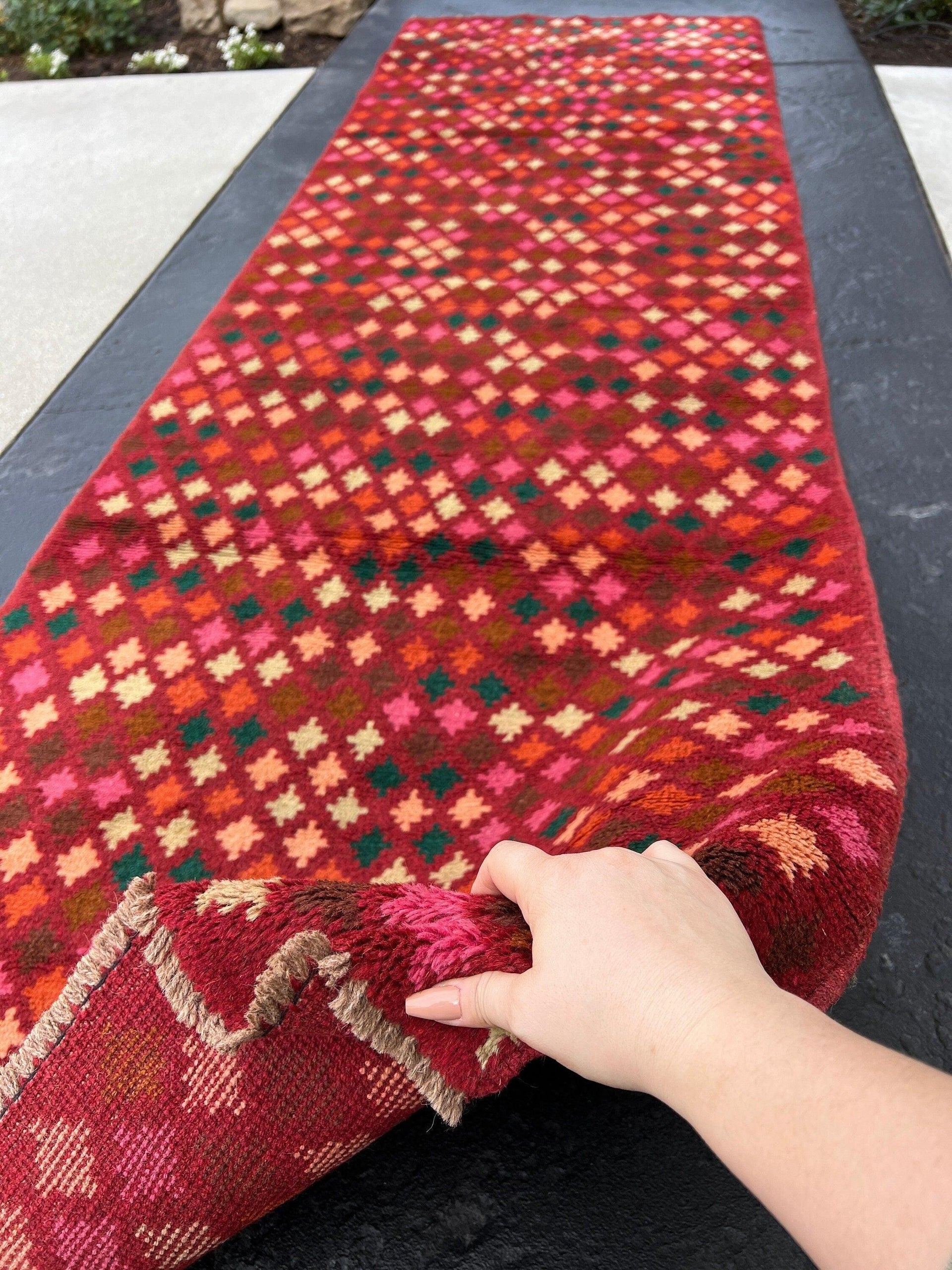 3x10 (90x305) Handmade Vintage Baluch Afghan Runner Rug | Burgundy Maroon Burnt Orange Blush Pink Pine Green Cream Beige Rose Pink Brown