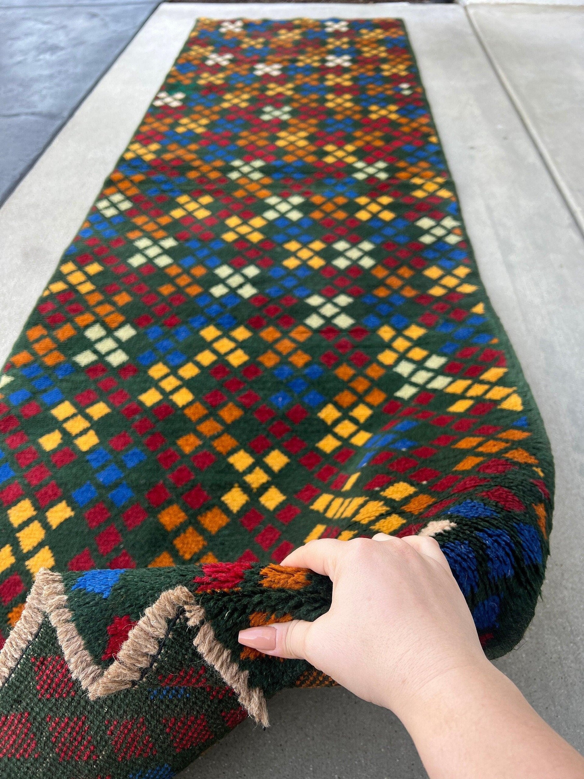 3x9 (90x275) Handmade Vintage Baluch Afghan Runner Rug | Pine Green Crimson Red Ivory Mustard Yellow Blue Burnt Orange | Hand Knotted Wool