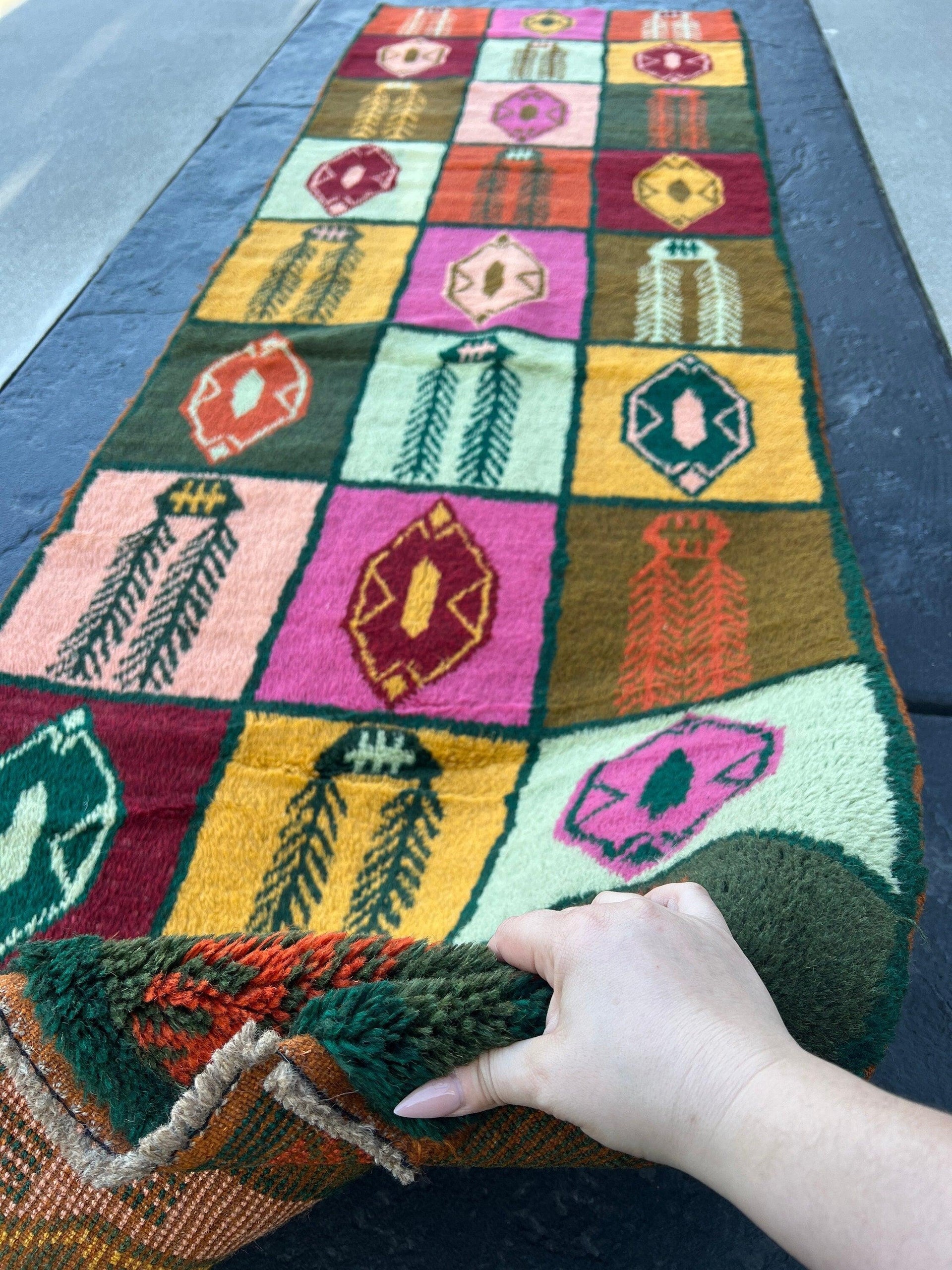 3x10 (90x305) Handmade Vintage Baluch Afghan Runner Rug | Forest Green Chocolate Brown Rose Pink Mustard Yellow Blush Pink Turquoise Orange