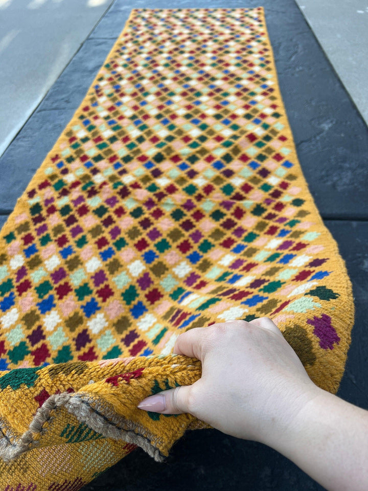 3x10 (90x305) Handmade Vintage Baluch Afghan Runner Rug Mustard Yellow Moss Green Ivory Turquoise Blush Pink Blue Forest Green Purple Maroon