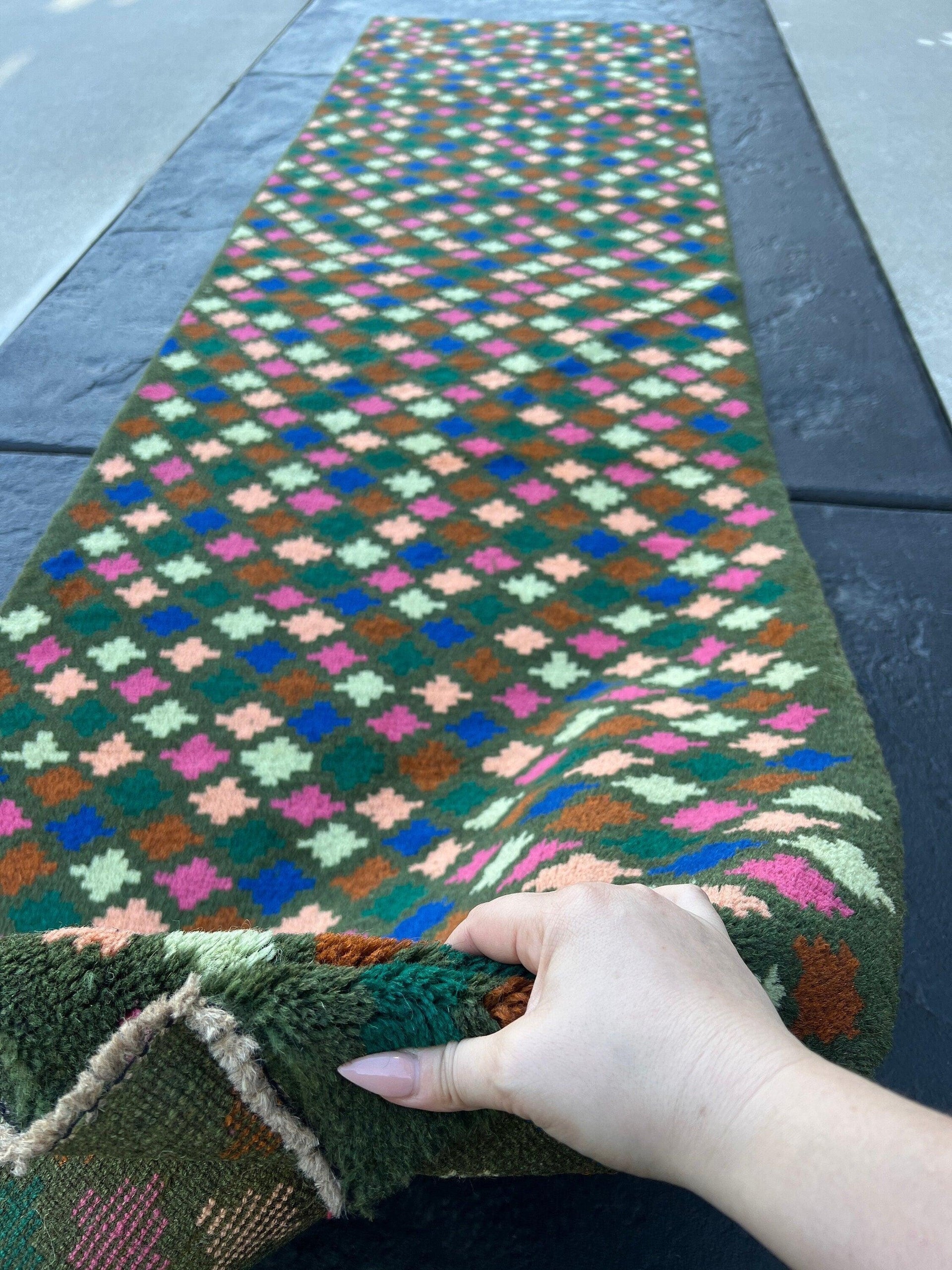 3x10 (90x305) Handmade Vintage Baluch Afghan Runner Rug | Olive Green Rose Pink Chocolate Brown Blush Pink Turquoise Blue Teal Hand Knotted