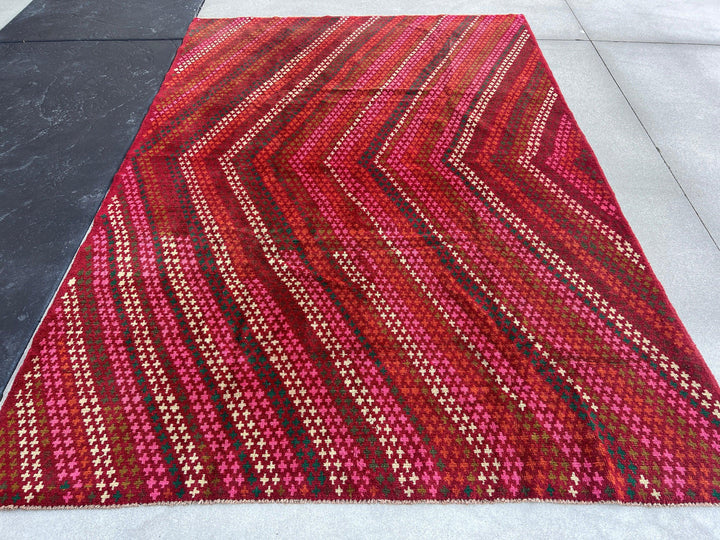 7x10 (215x305) Handmade Vintage Baluch Afghan Rug | Burgundy Red Pine Green Burnt Orange Chocolate Cream Beige Olive Green Blush Pink | Wool