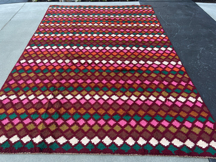 7x10 (215x305) Handmade Vintage Baluch Afghan Rug | Purple Ivory Olive Green Blush Pink Chocolate Pine Green Burnt Orange | Knotted Wool