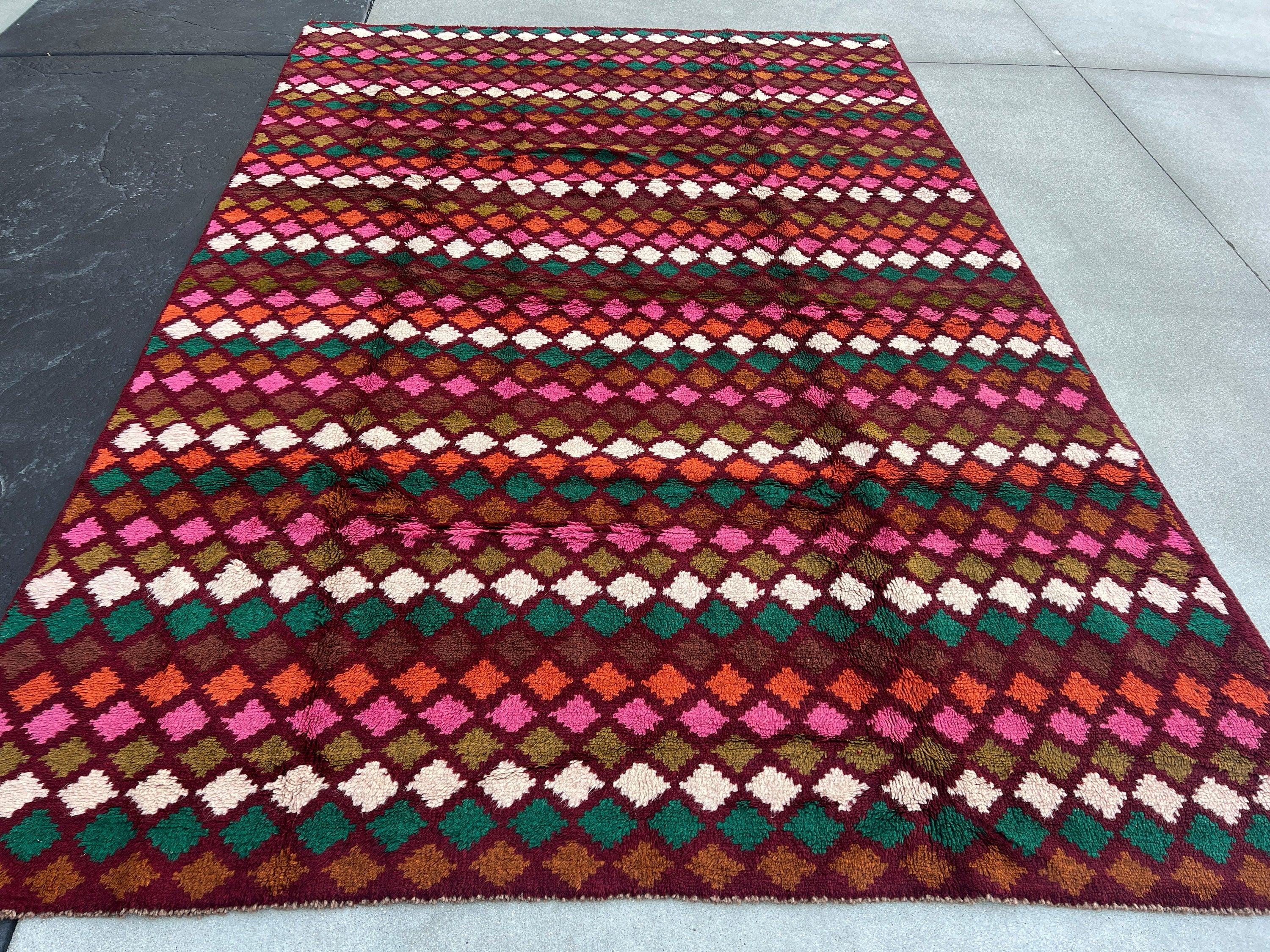 7x10 (215x305) Handmade Vintage Baluch Afghan Rug | Purple Ivory Olive Green Blush Pink Chocolate Pine Green Burnt Orange | Knotted Wool