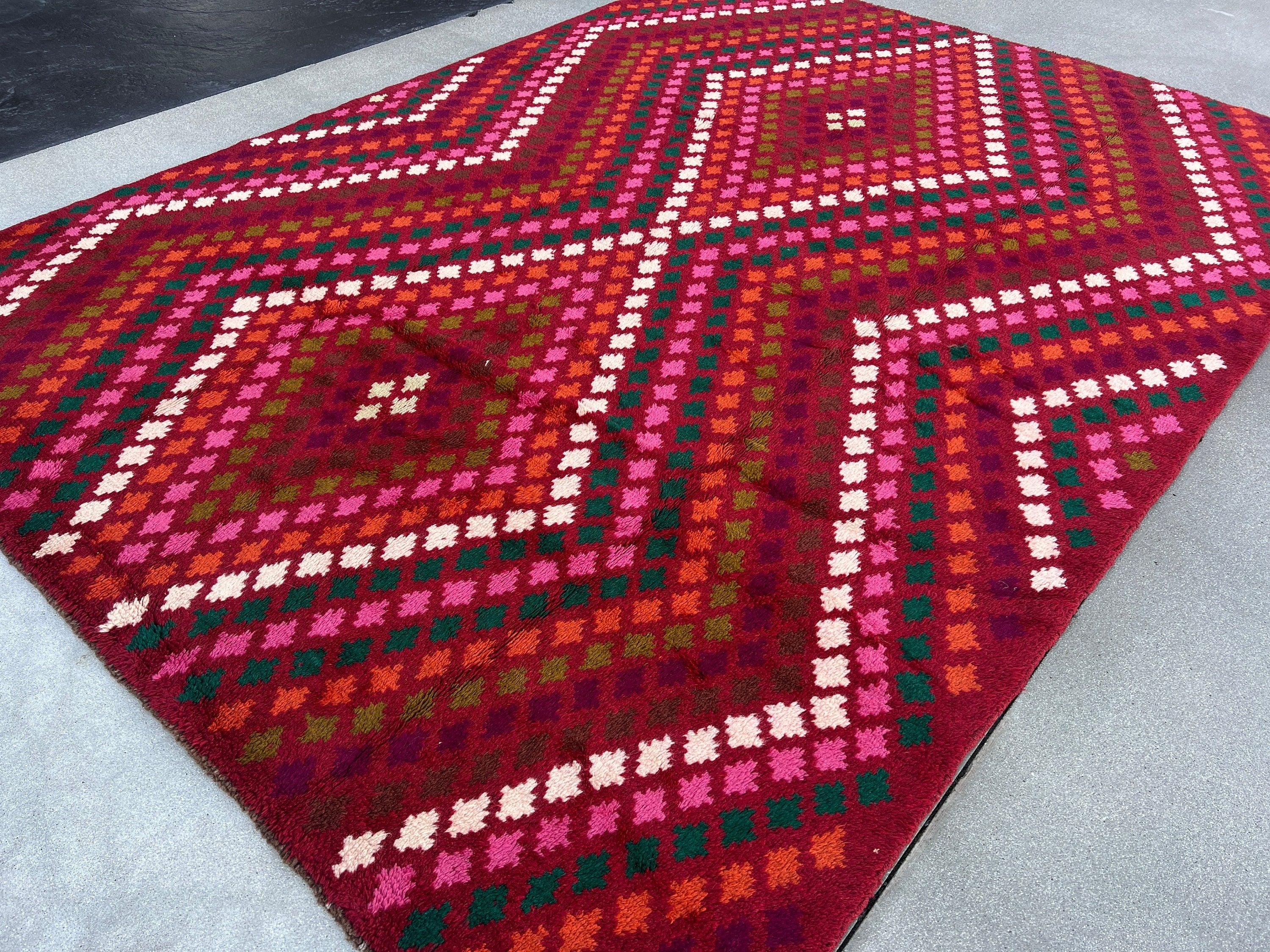 7x10 (215x305) Handmade Vintage Baluch Afghan Rug | Burgundy Red Pine Green Burnt Orange Chocolate Cream Beige Olive Green Blush Pink | Wool