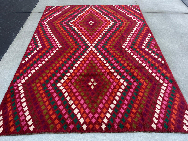 7x10 (215x305) Handmade Vintage Baluch Afghan Rug | Burgundy Red Pine Green Burnt Orange Chocolate Cream Beige Olive Green Blush Pink | Wool