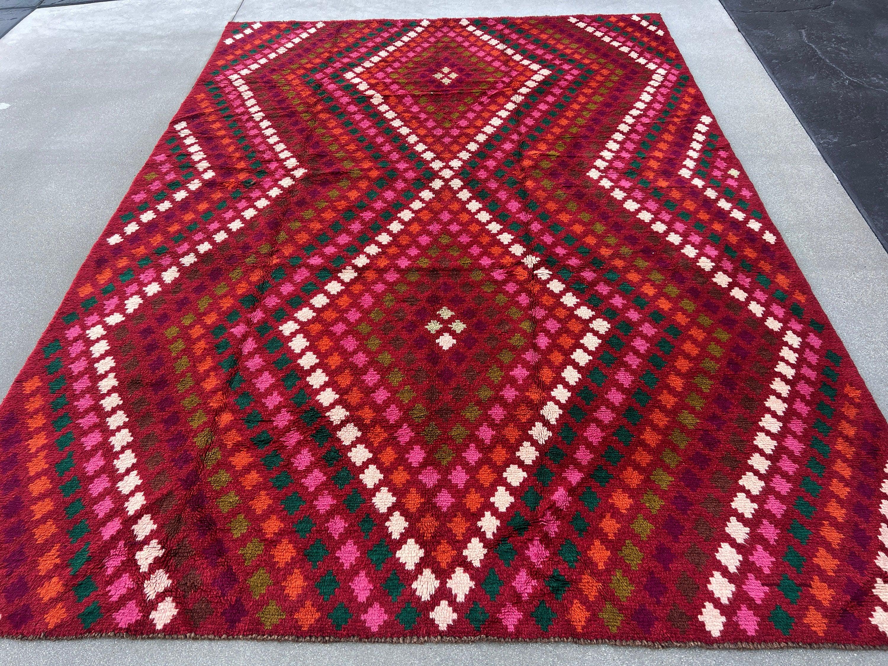 7x10 (215x305) Handmade Vintage Baluch Afghan Rug | Burgundy Red Pine Green Burnt Orange Chocolate Cream Beige Olive Green Blush Pink | Wool