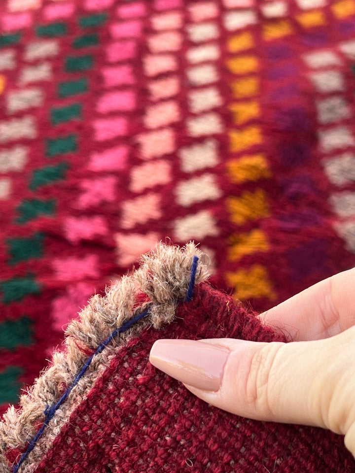 7x10 (215x305) Handmade Vintage Baluch Afghan Rug | Burgundy Red Ivory Pine Green Pink Eggplant Purple Orange Blush Pink Grey | Wool Boho