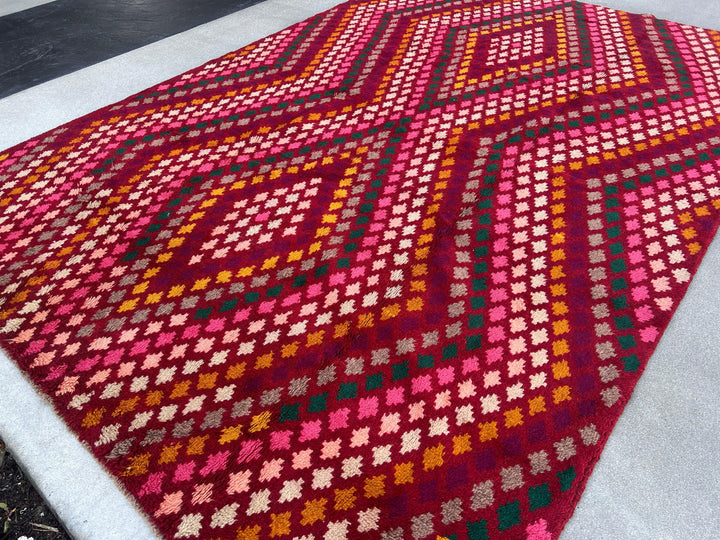 7x10 (215x305) Handmade Vintage Baluch Afghan Rug | Burgundy Red Ivory Pine Green Pink Eggplant Purple Orange Blush Pink Grey | Wool Boho