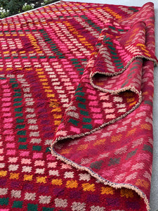7x10 (215x305) Handmade Vintage Baluch Afghan Rug | Burgundy Red Ivory Pine Green Pink Eggplant Purple Orange Blush Pink Grey | Wool Boho