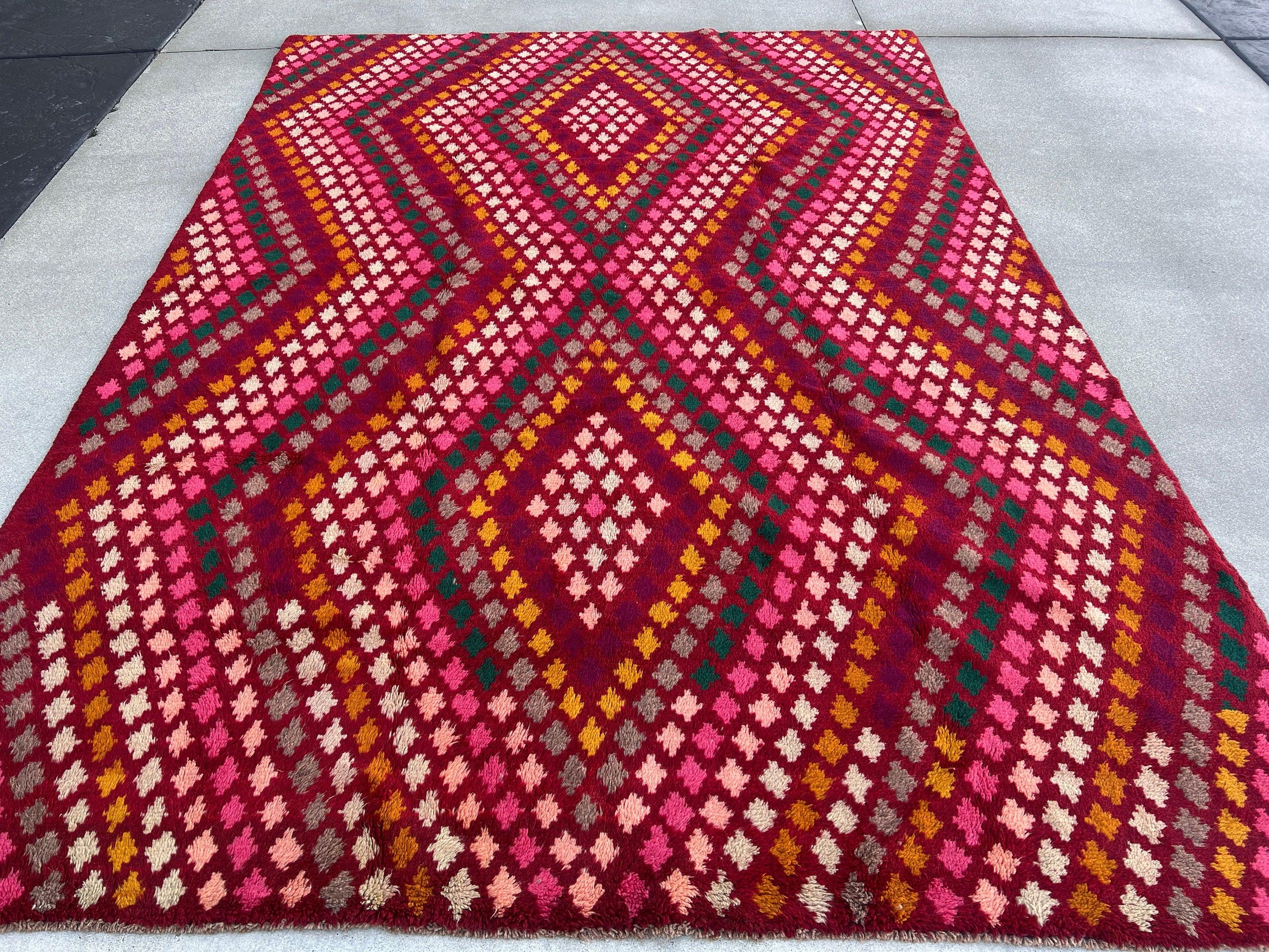 7x10 (215x305) Handmade Vintage Baluch Afghan Rug | Burgundy Red Ivory Pine Green Pink Eggplant Purple Orange Blush Pink Grey | Wool Boho