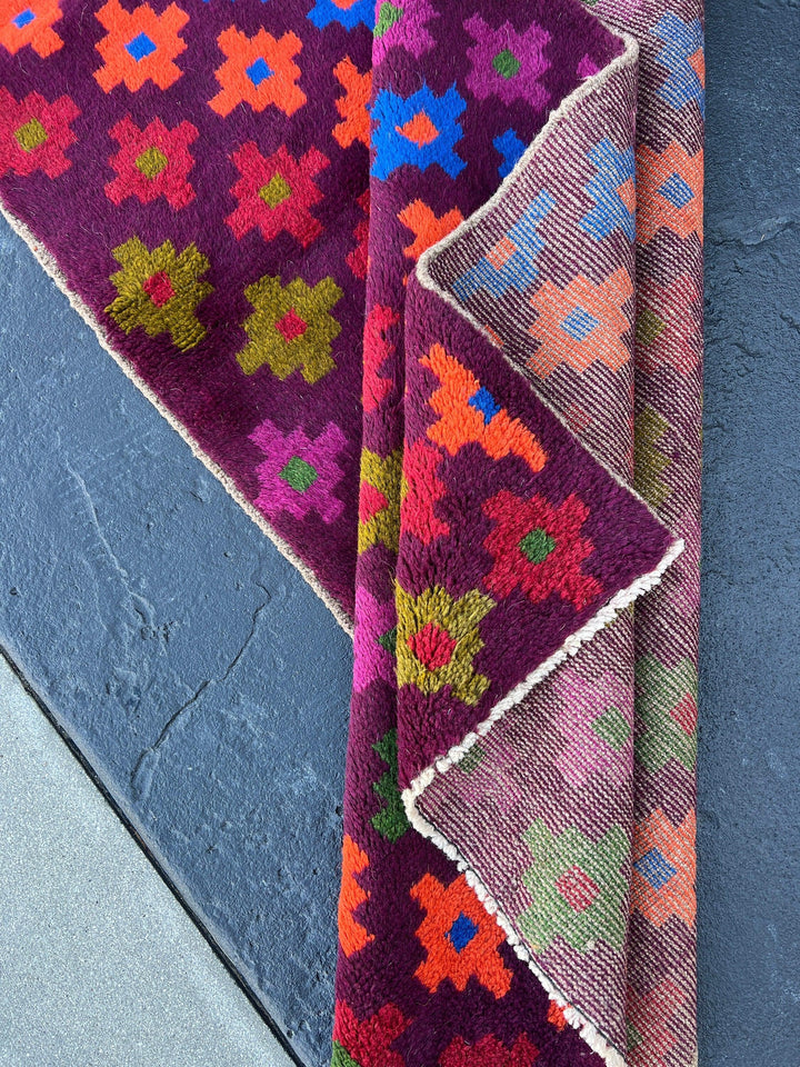 3x10 (90x305) Handmade Vintage Baluch Afghan Runner Rug | Purple Olive Green Magenta Coral Orange Pine Green Teal Blue Blood Red | Geometric