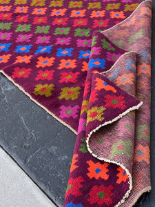 3x10 (90x305) Handmade Vintage Baluch Afghan Runner Rug | Purple Olive Green Magenta Coral Orange Pine Green Teal Blue Blood Red | Geometric