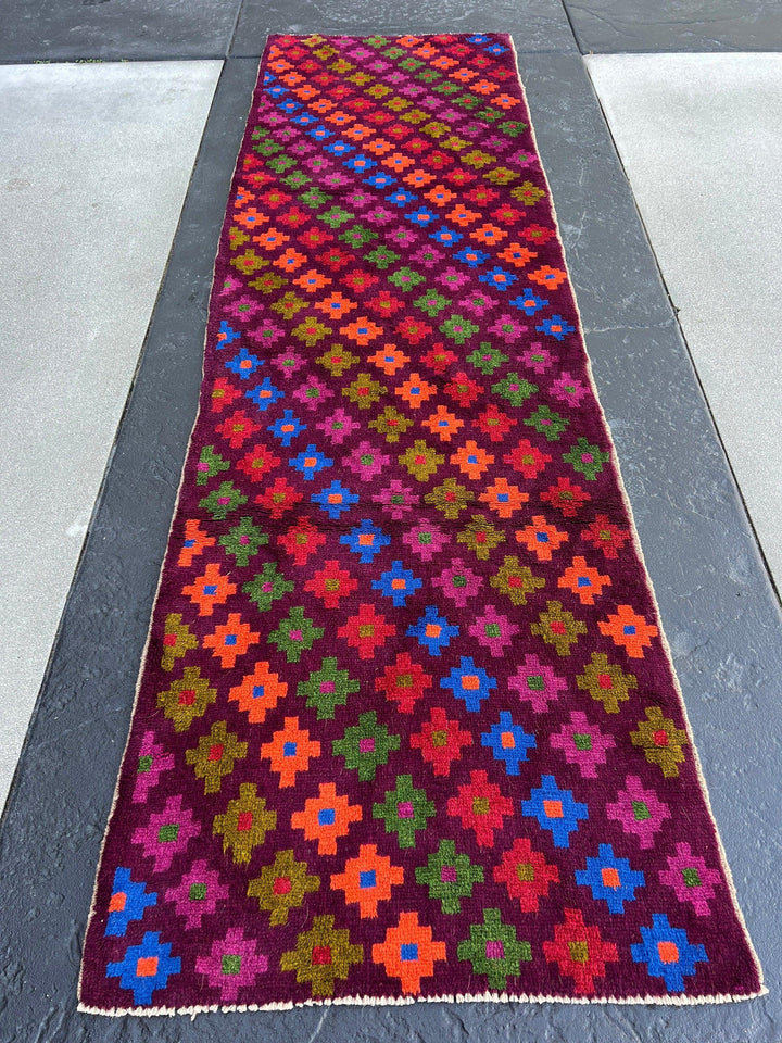 3x10 (90x305) Handmade Vintage Baluch Afghan Runner Rug | Purple Olive Green Magenta Coral Orange Pine Green Teal Blue Blood Red | Geometric