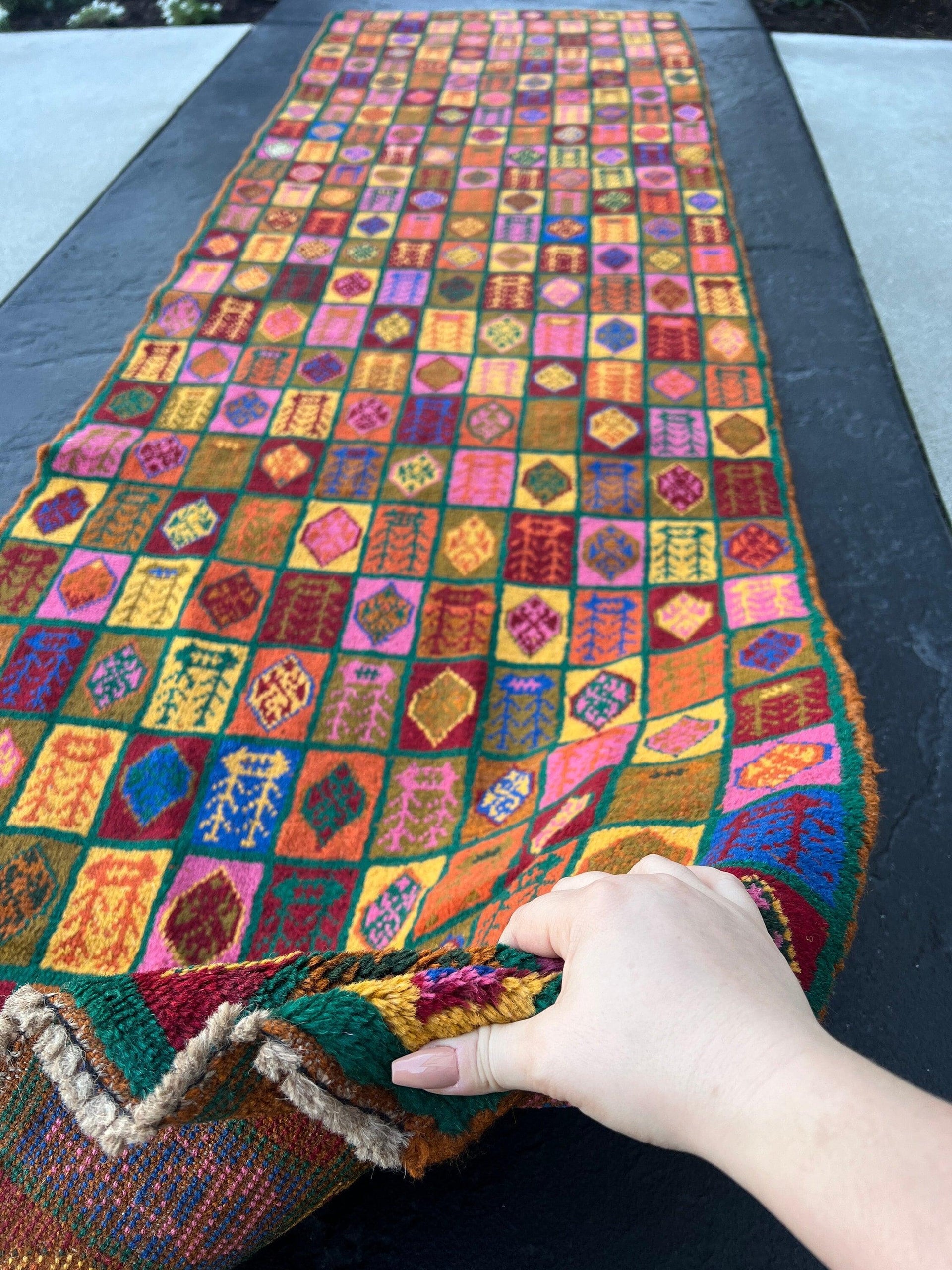 3x10 (90x305) Handmade Vintage Baluch Afghan Runner Rug | Pine Green Chocolate Brown Rose Pink Mustard Yellow Blush Pink Blue Orange Wool