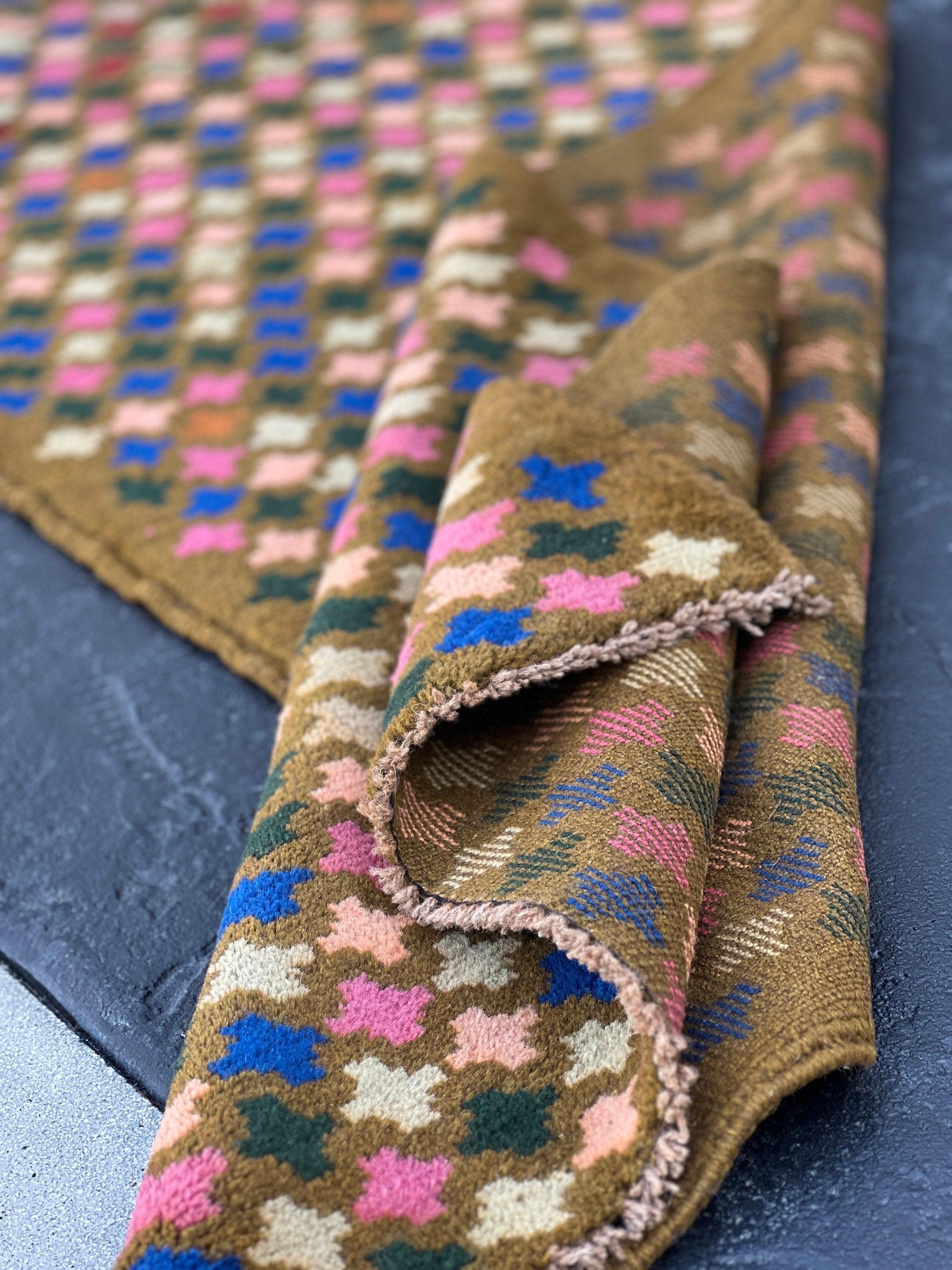 3x10 (90x305) Handmade Vintage Baluch Afghan Runner Rug | Hazel Olive Brown Rose Blush Pink Turquoise Blue Mocha Orange | Hand Knotted Wool