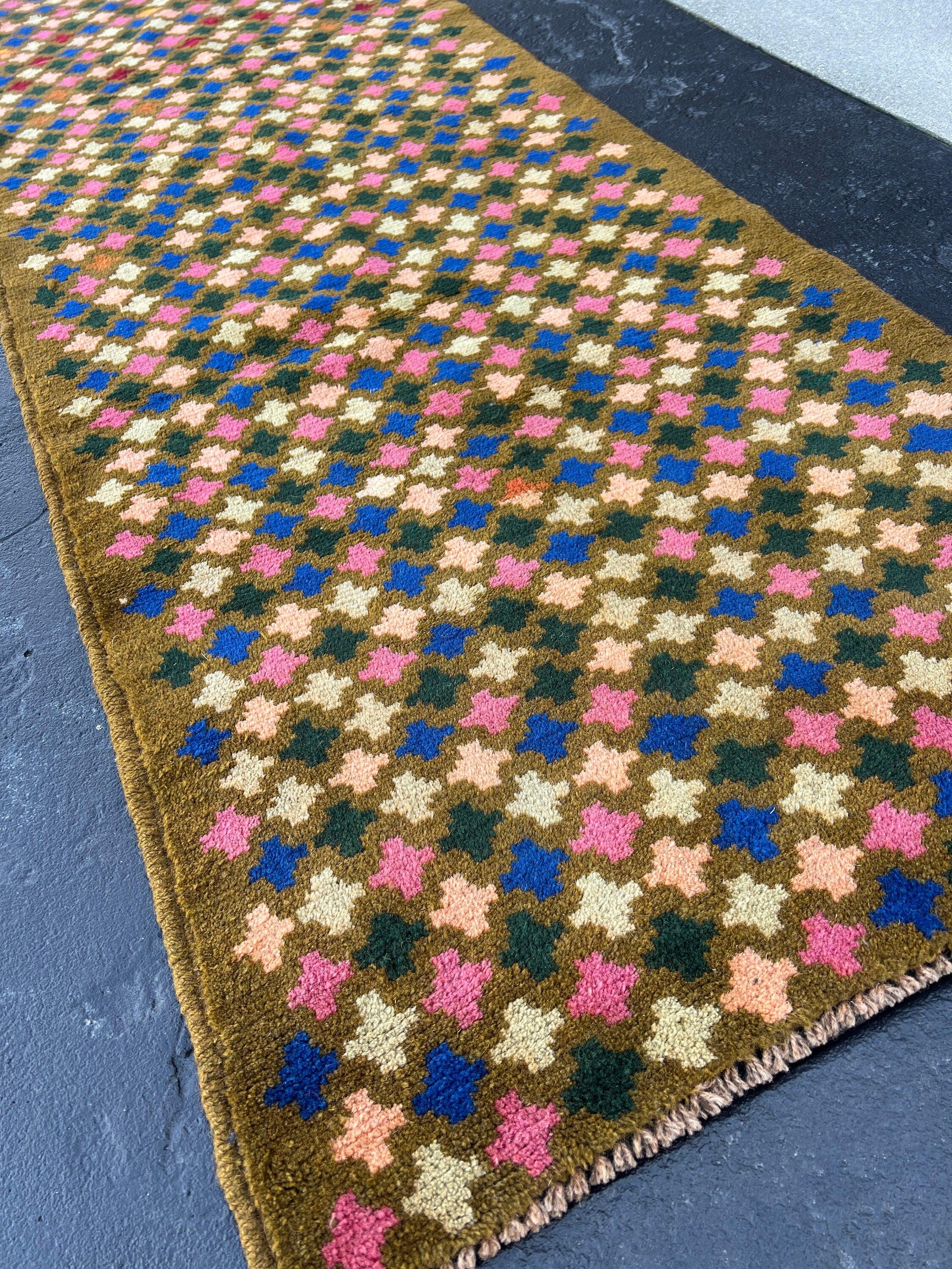 3x10 (90x305) Handmade Vintage Baluch Afghan Runner Rug | Hazel Olive Brown Rose Blush Pink Turquoise Blue Mocha Orange | Hand Knotted Wool