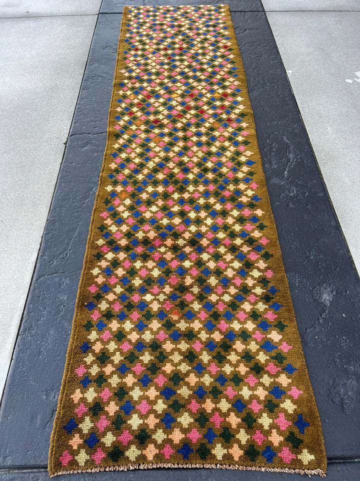 3x10 (90x305) Handmade Vintage Baluch Afghan Runner Rug | Hazel Olive Brown Rose Blush Pink Turquoise Blue Mocha Orange | Hand Knotted Wool