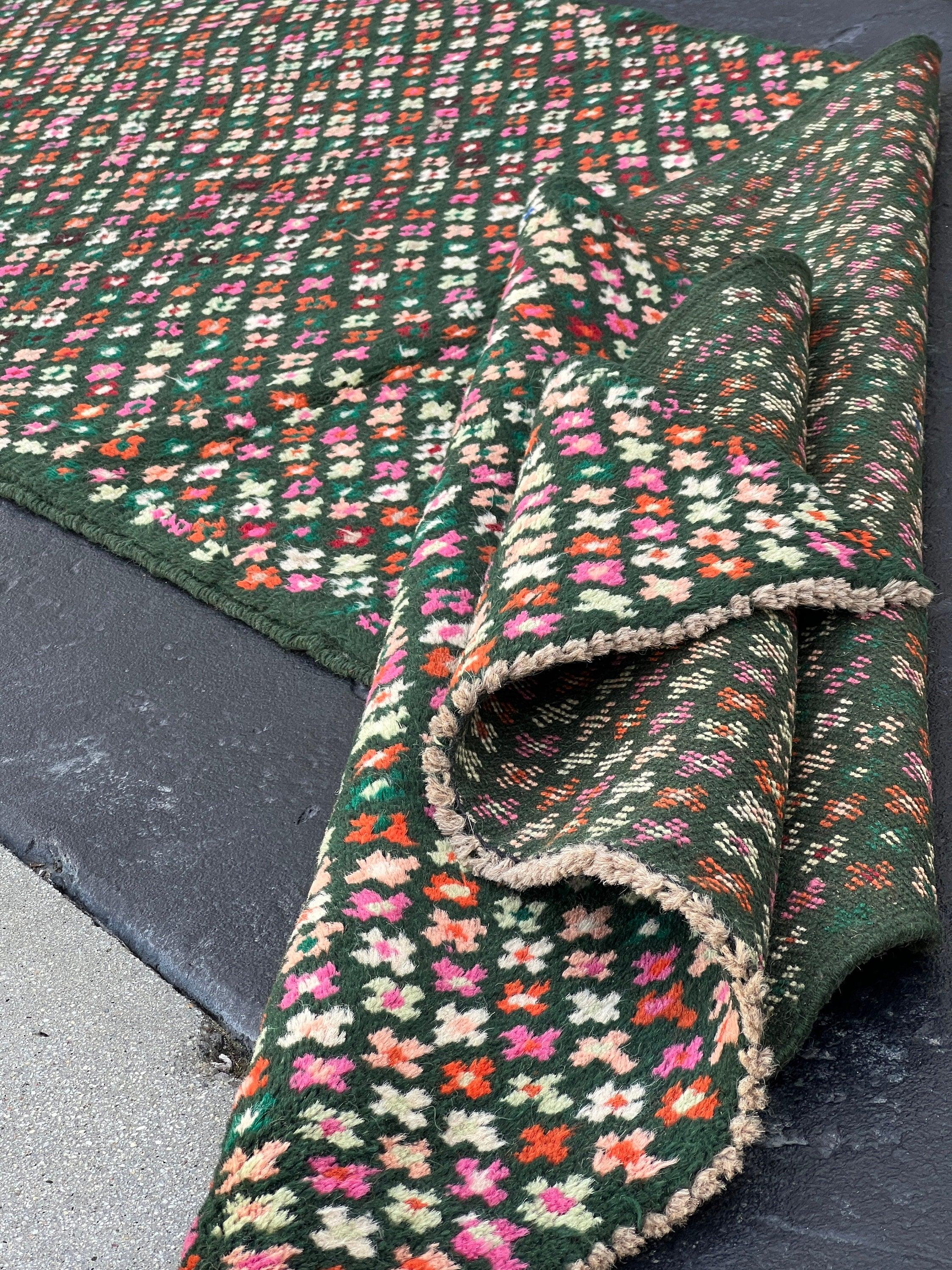 3x10 (90x305) Handmade Vintage Baluch Afghan Runner Rug | Pine Green Rose Pink Burnt Orange Blush Pink Turquoise Ivory | Hand Knotted Wool