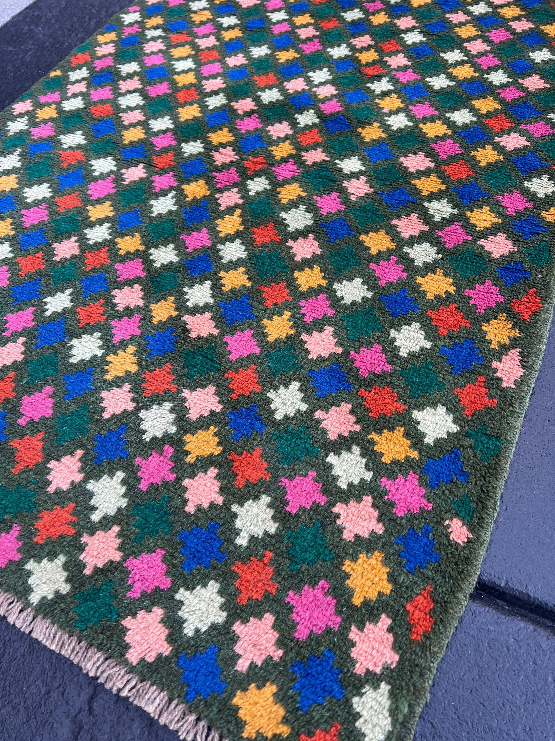 3x10 (90x305) Handmade Vintage Baluch Afghan Runner Rug | Pine Green Rose Blush Pink Turquoise Blue Mustard Hand Knotted Geometric Wool