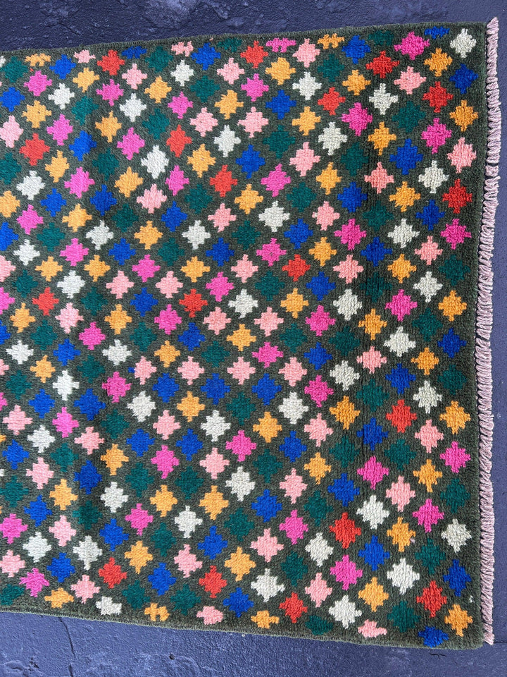 3x10 (90x305) Handmade Vintage Baluch Afghan Runner Rug | Pine Green Rose Blush Pink Turquoise Blue Mustard Hand Knotted Geometric Wool