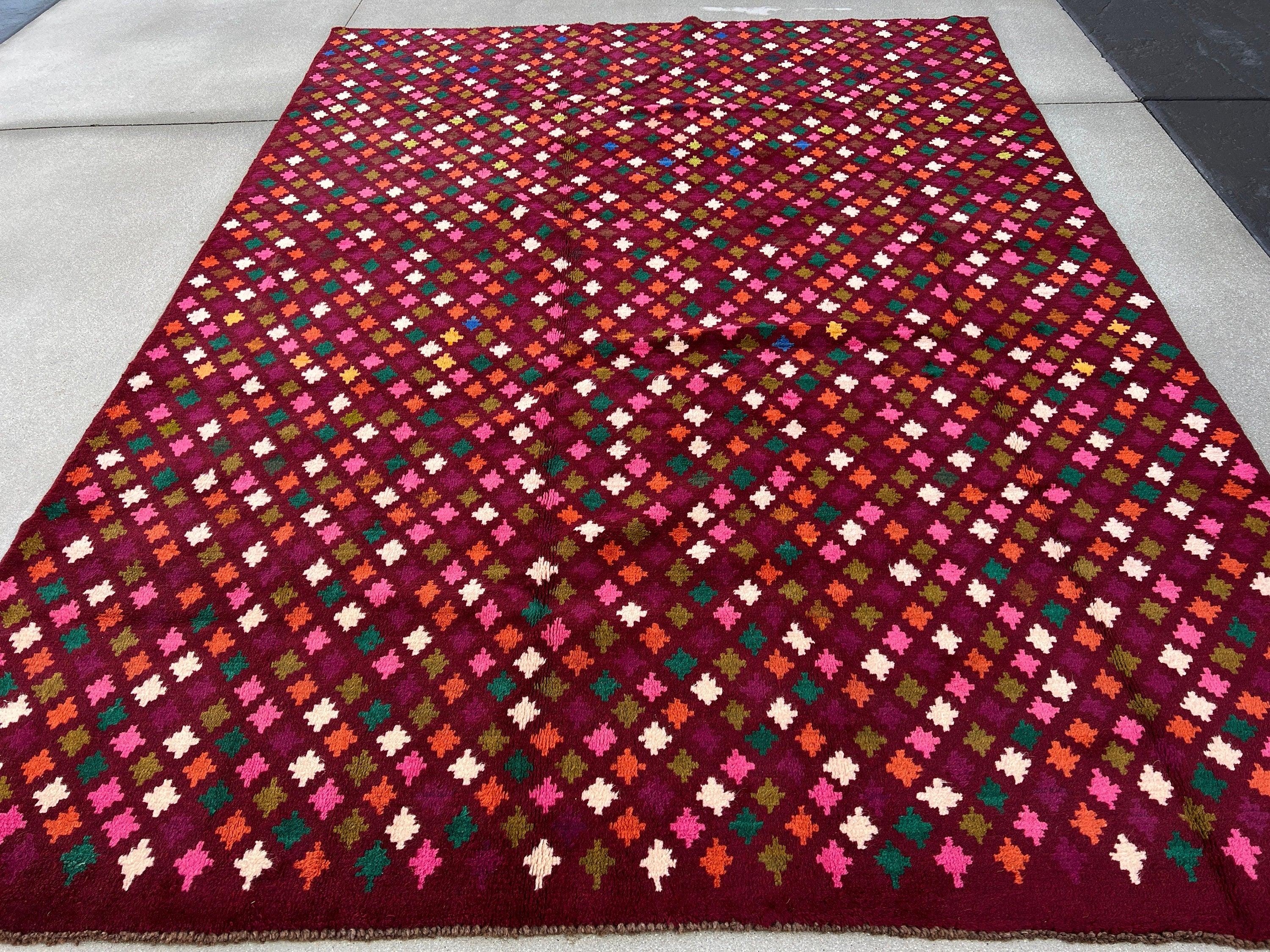 7x10 (215x305) Handmade Vintage Baluch Afghan Rug | Burgundy Red Orange Pine Green Cream Beige Pine Olive Green Blush Pink Purple