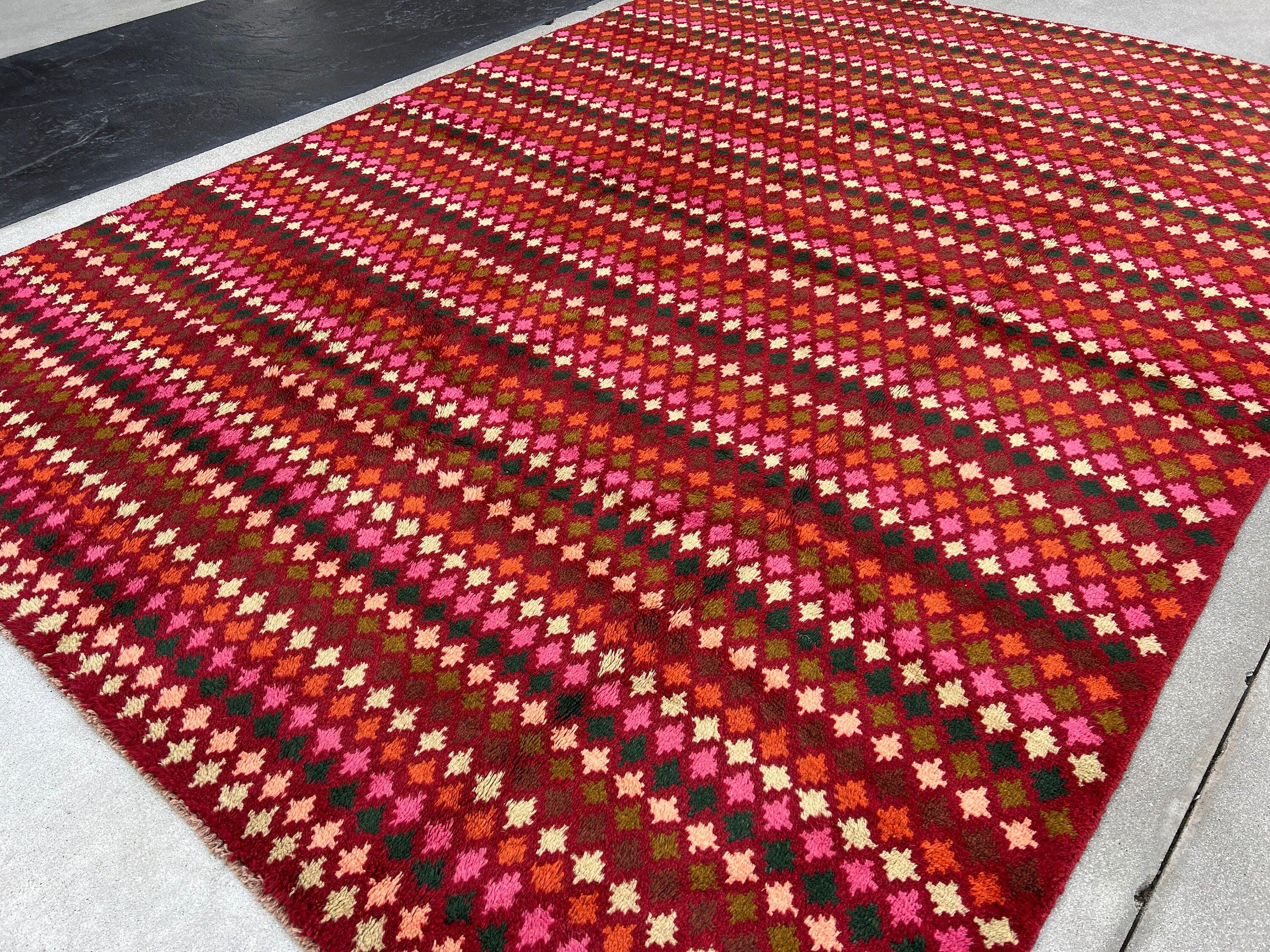 7x10 (215x305) Handmade Vintage Baluch Afghan Rug | Red Orange Pine Green Ivory Olive Green Rose Blush Pink Purple | Geometric Wool Boho