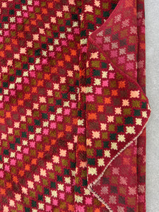 7x10 (215x305) Handmade Vintage Baluch Afghan Rug | Red Orange Pine Green Ivory Olive Green Rose Blush Pink Purple | Geometric Wool Boho