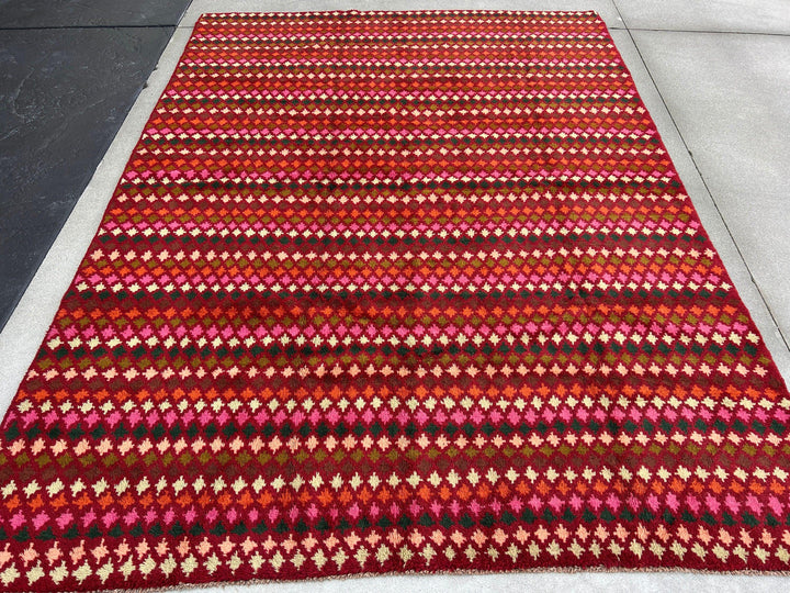 7x10 (215x305) Handmade Vintage Baluch Afghan Rug | Red Orange Pine Green Ivory Olive Green Rose Blush Pink Purple | Geometric Wool Boho