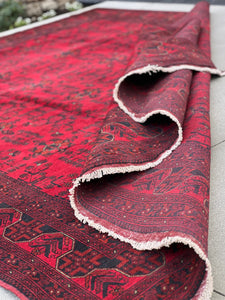 8x11-9x12 (275x365) Handmade Afghan Rug | Red Black Crimson Red Cream Beige | Khal Mohammadi Wool Knotted Oriental Turkmen Boho