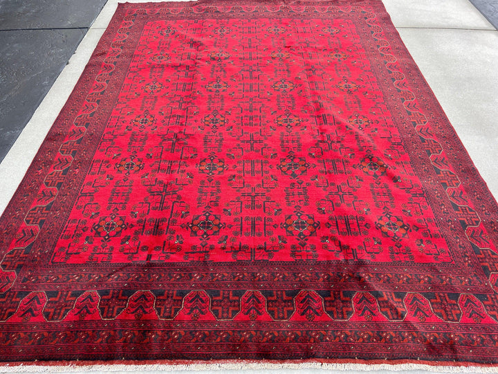 8x11-9x12 (275x365) Handmade Afghan Rug | Red Black Crimson Red Cream Beige | Khal Mohammadi Wool Knotted Oriental Turkmen Boho