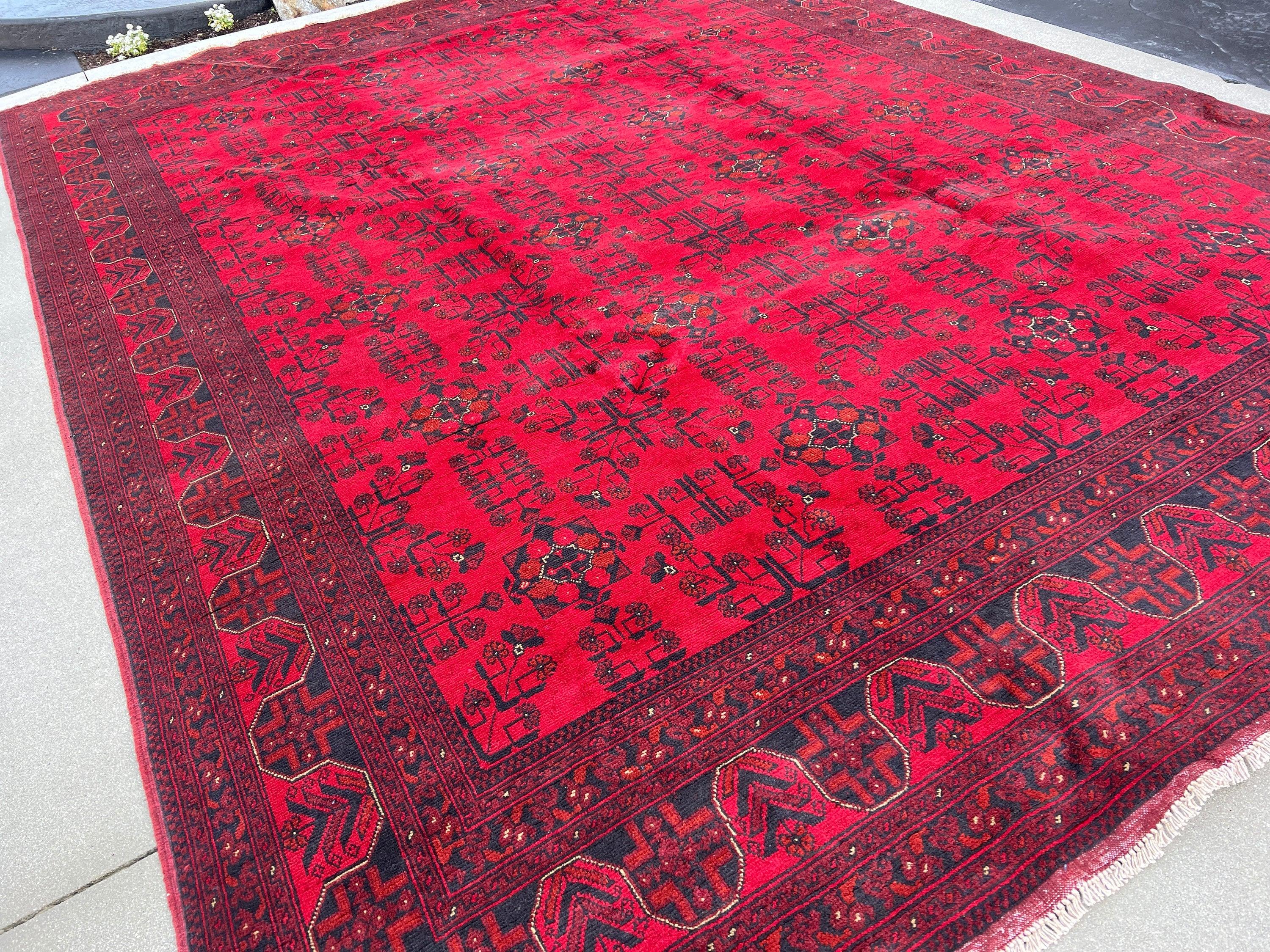 8x11-9x12 (275x365) Handmade Afghan Rug | Red Black Crimson Red Cream Beige | Khal Mohammadi Wool Knotted Oriental Turkmen Boho