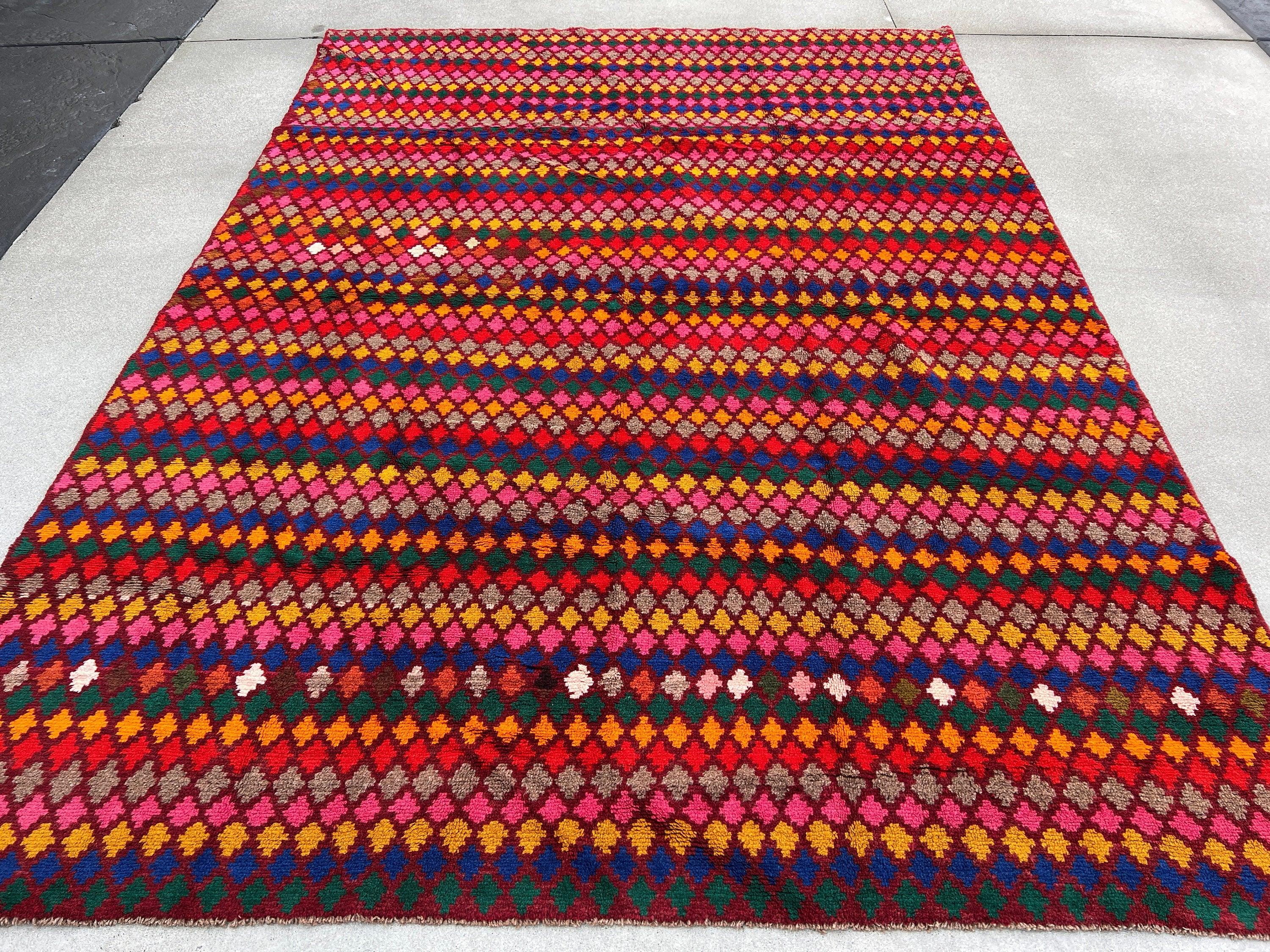 7x10 (215x305) Handmade Vintage Baluch Afghan Rug | Burgundy Mustard Yellow Pine Green Grey Blush Pink Blue Red | Geometric Persian Wool