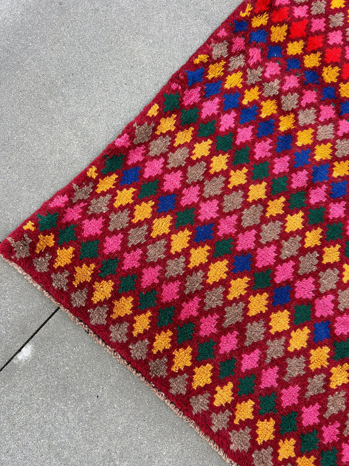 7x10 (215x305) Handmade Vintage Baluch Afghan Rug | Burgundy Mustard Yellow Pine Green Grey Blush Pink Blue Red | Geometric Persian Wool