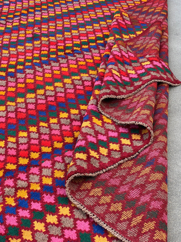 7x10 (215x305) Handmade Vintage Baluch Afghan Rug | Burgundy Mustard Yellow Pine Green Grey Blush Pink Blue Red | Geometric Persian Wool